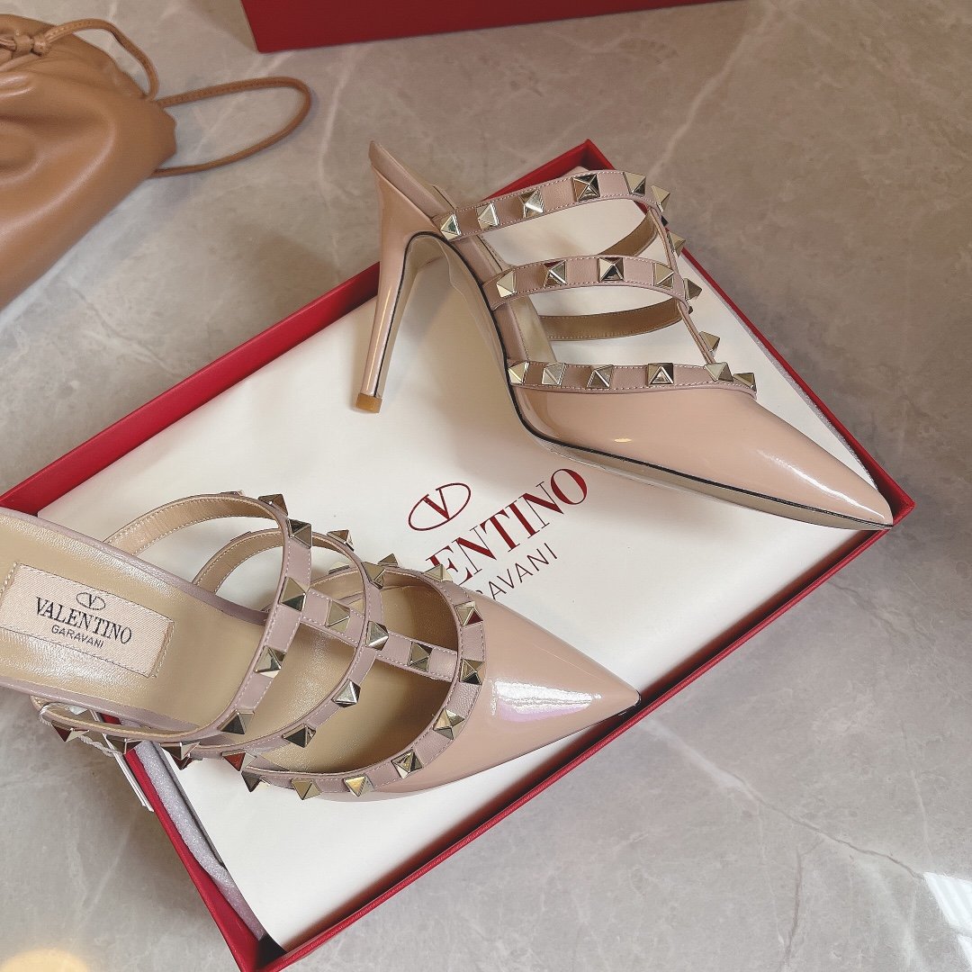 Valentino Women Nude Patent Leather Studded Mules