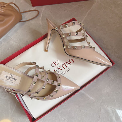 Valentino Women Nude Patent Leather Studded Mules