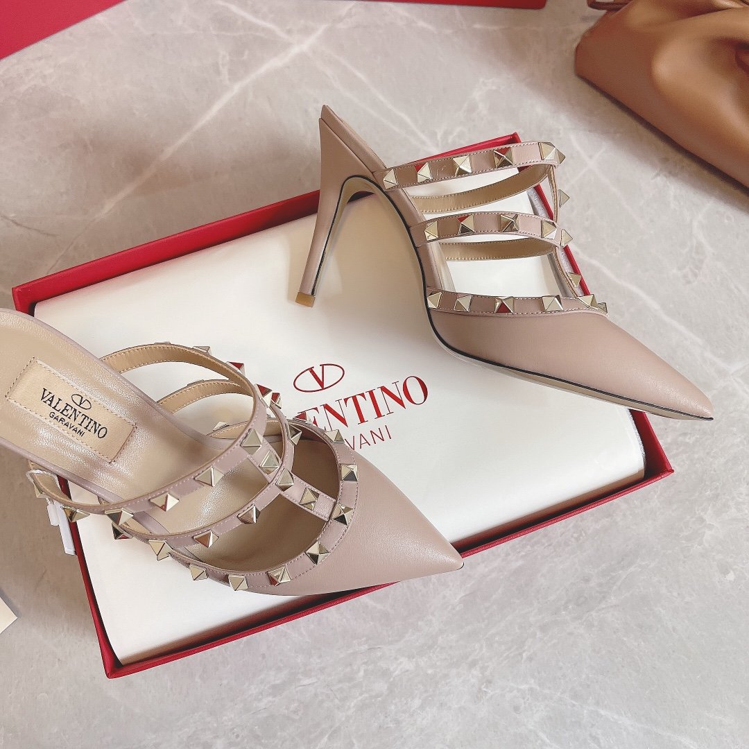 Valentino Women Beige Leather Studded Mules