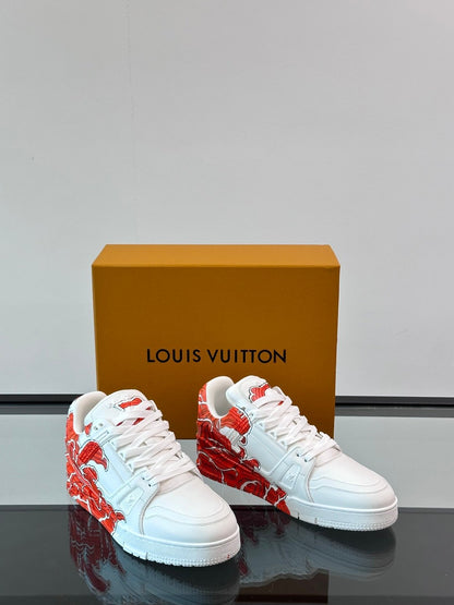 LV Men White Leather Sneakers With Red Floral Design