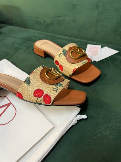 Valentino Women Brown Leather Canvas Floral Mules
