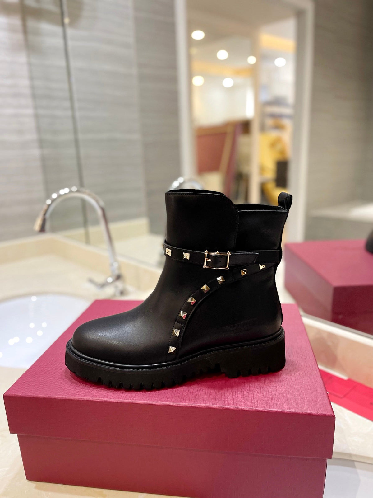 Valentino Women Black Leather Studded Boots