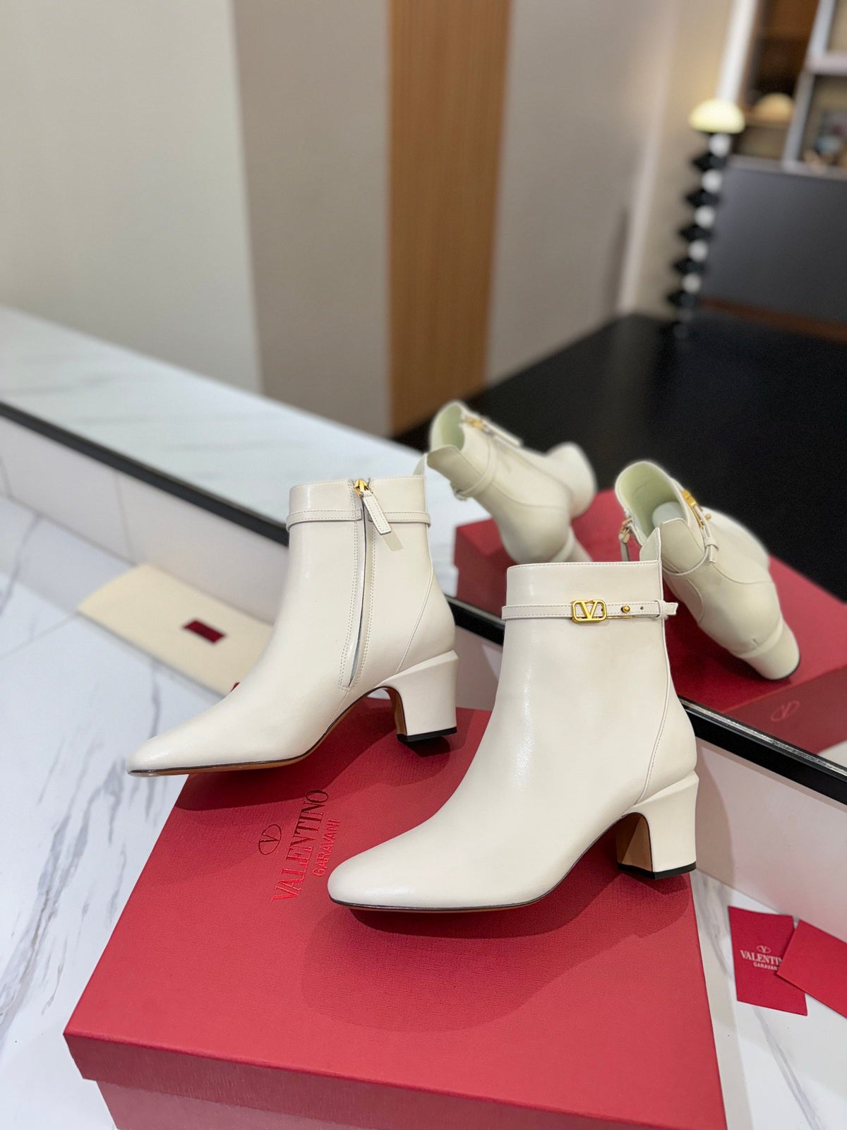 Valentino Women White Leather Ankle Boots