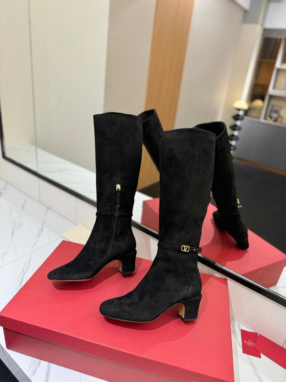 Valentino Women Black Suede Mid Heel Boots