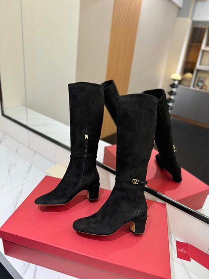 Valentino Women Black Suede Mid Heel Boots