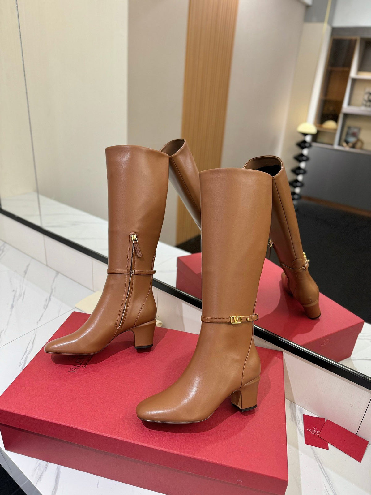 Valentino Women Tan Leather Mid-Calf Boots