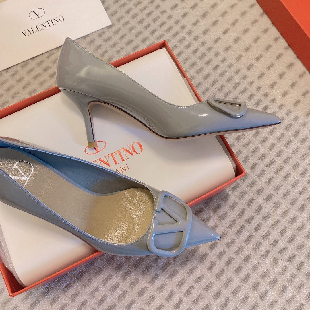 Valentino Women Gray Patent Leather Pointed Pumps