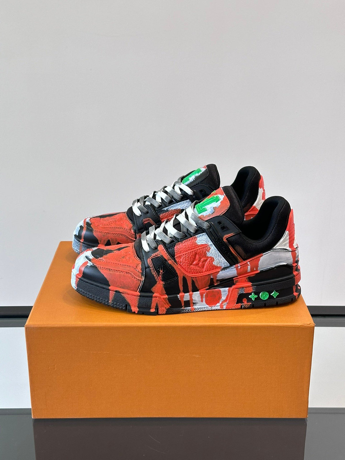 LV Men Black Red Painted Leather Sneakers