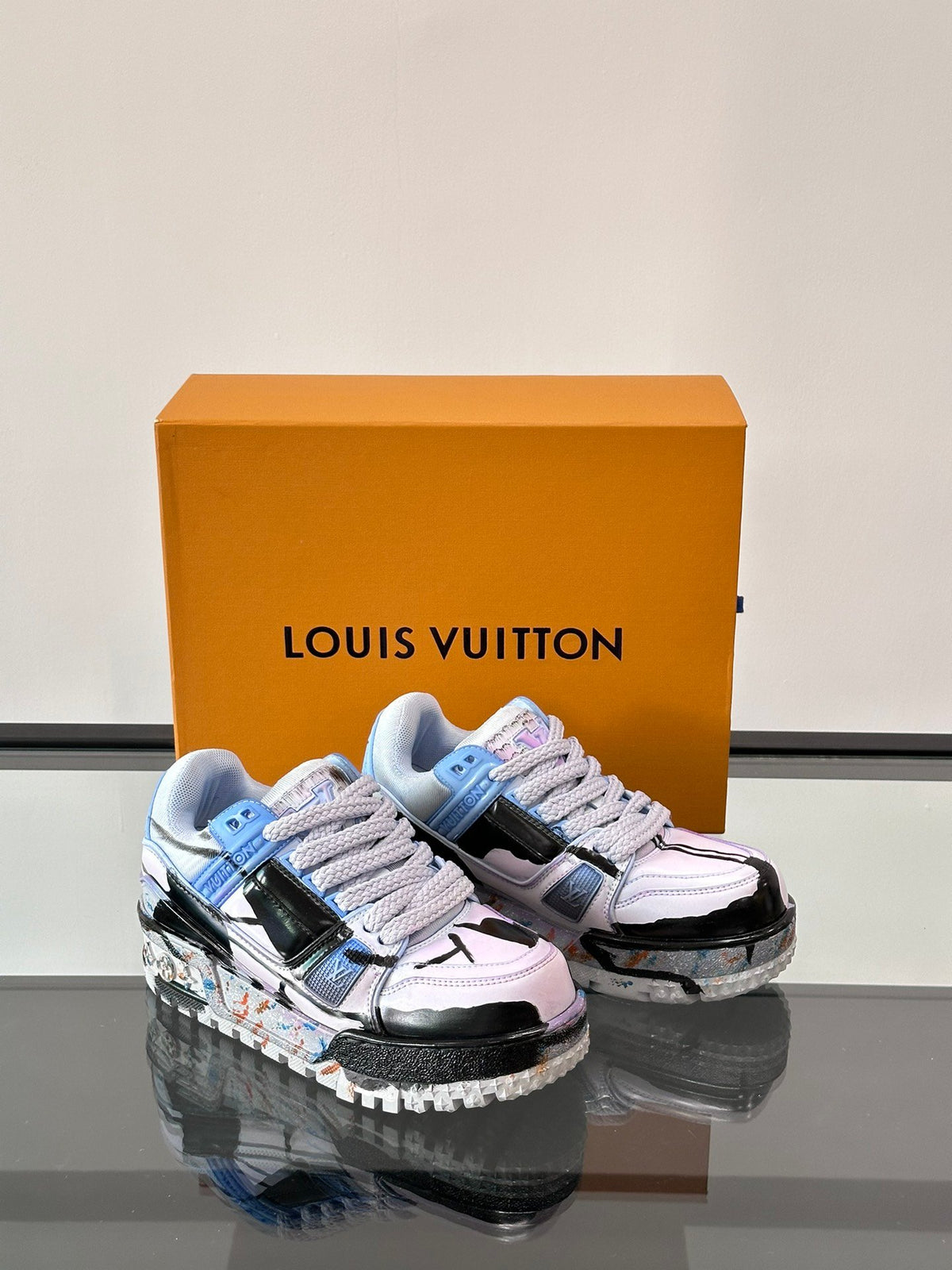 LV Men Black White Blue Leather Sneakers