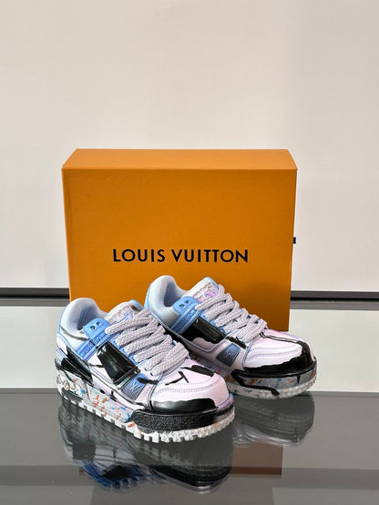 LV Men Black White Blue Leather Sneakers