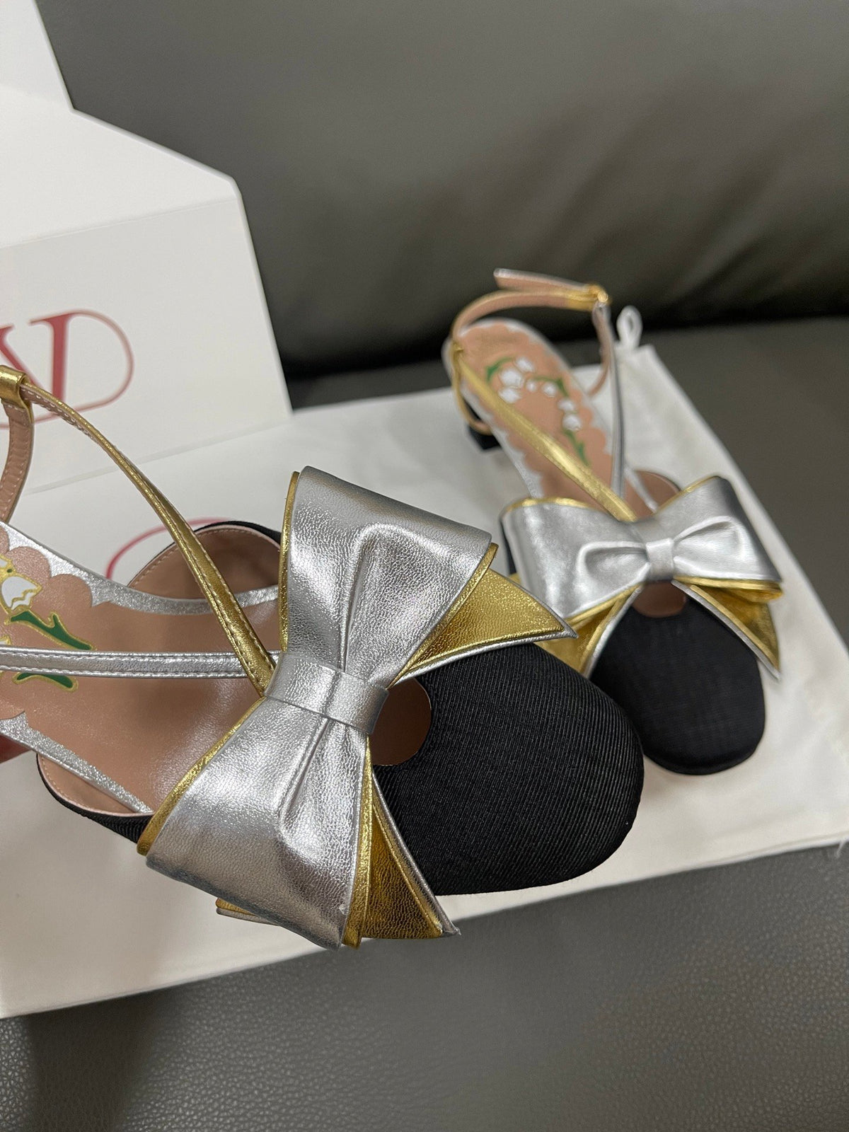 Valentino Women Black Satin Silver Gold Leather Heels