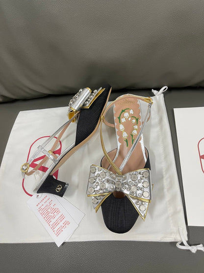 Valentino Women Black Silver Leather Bow Slingback Flats