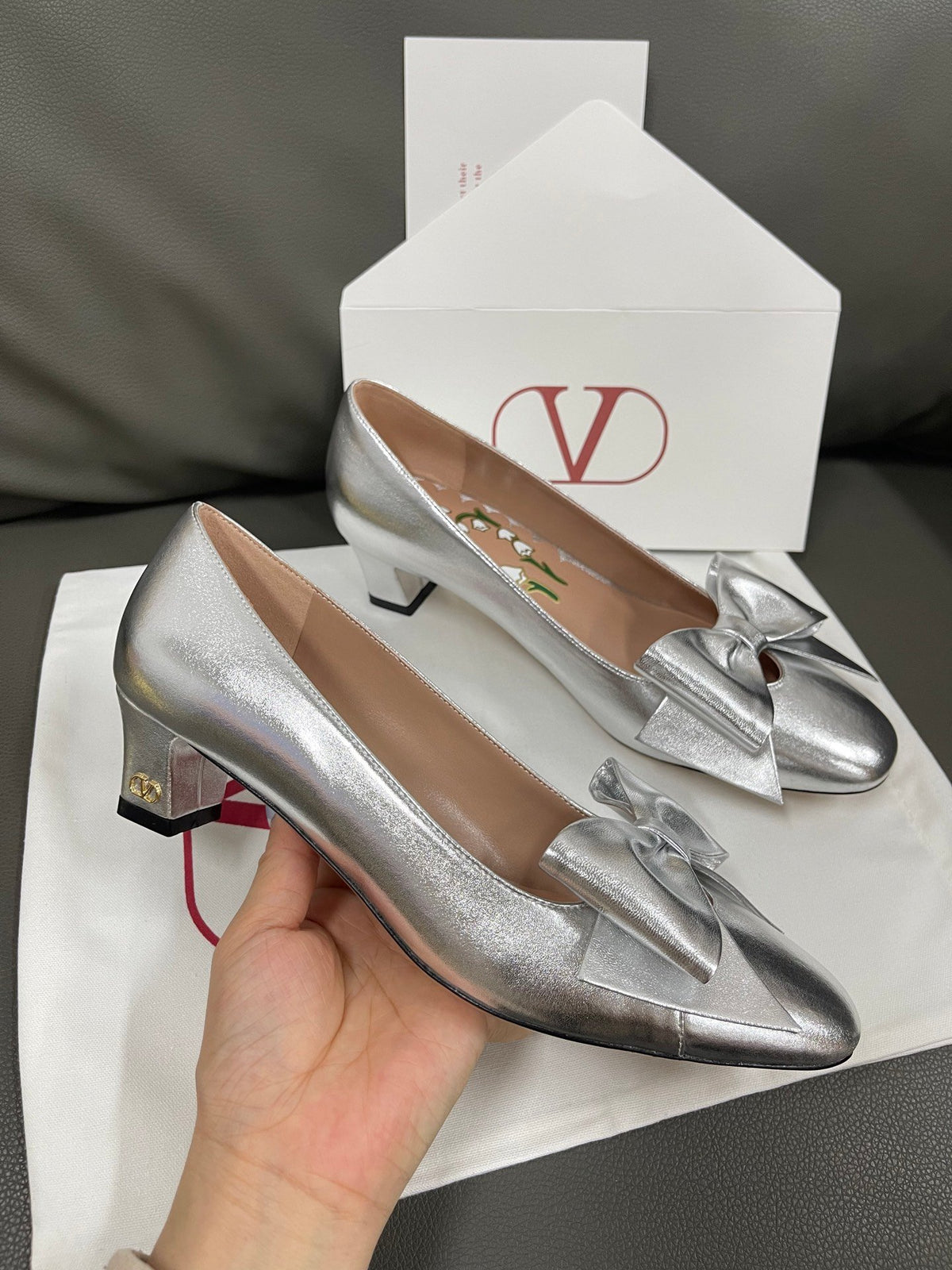 Valentino Women Silver Leather Bow Detail Flats