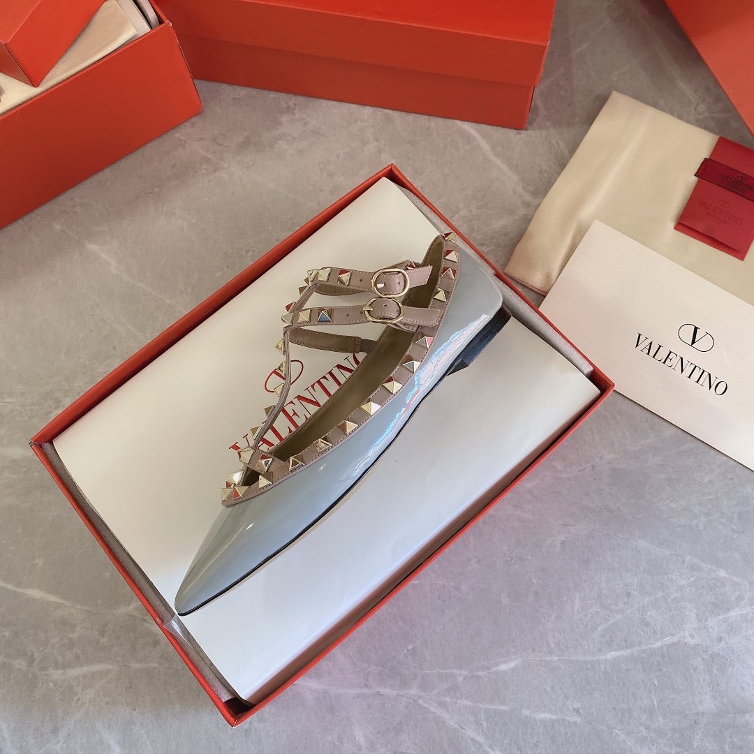 Valentino Women Blue Patent Leather Studded Flats