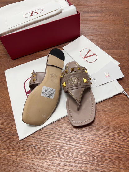 Valentino Women Taupe Leather Studded Sandals