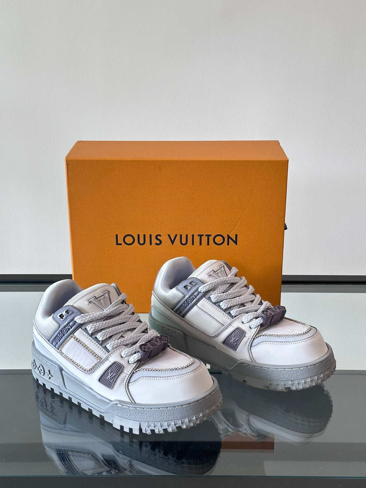 LV Men White Leather Gray Accents Sneakers