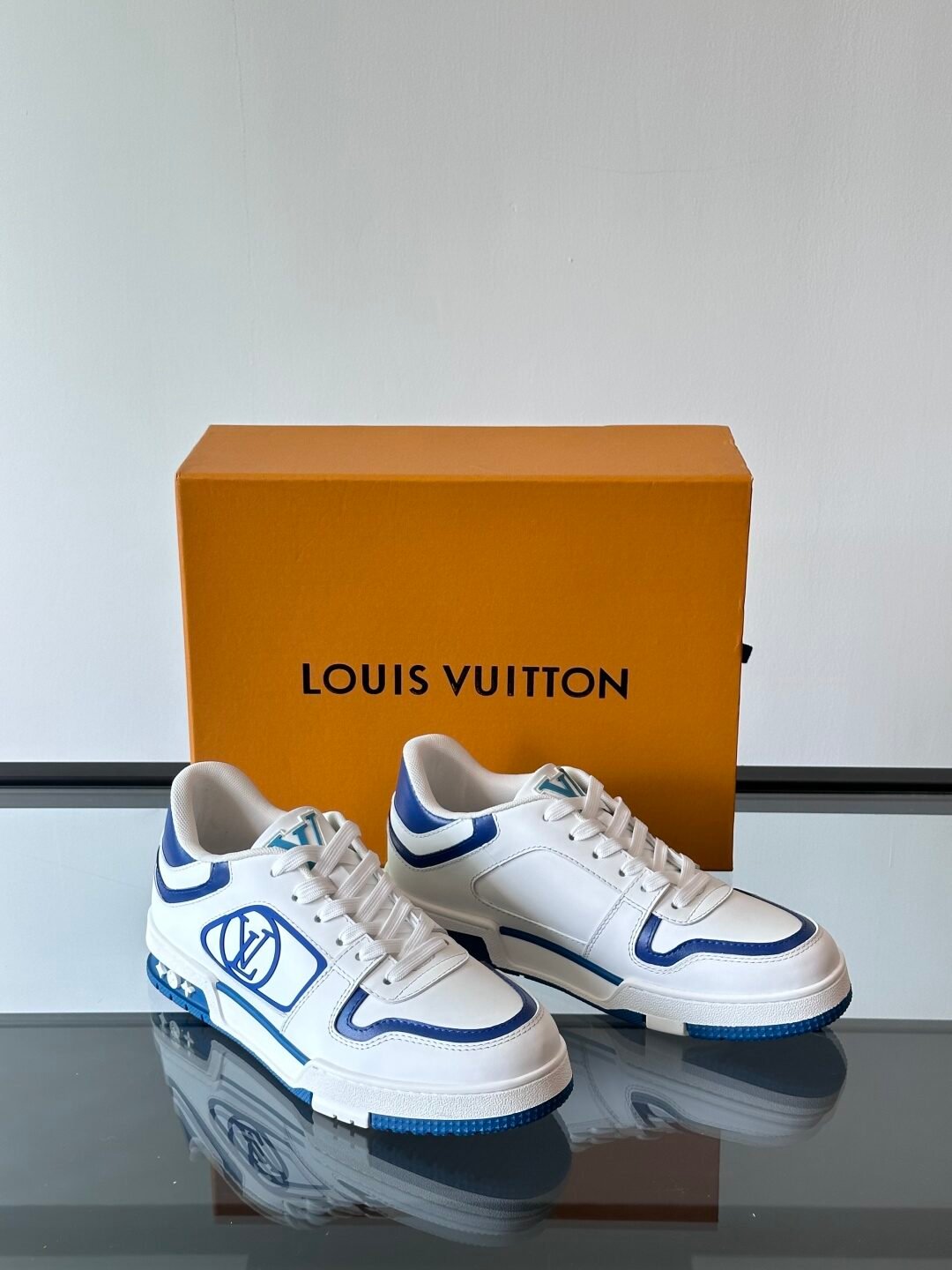 LV Men White Blue Leather Sneakers