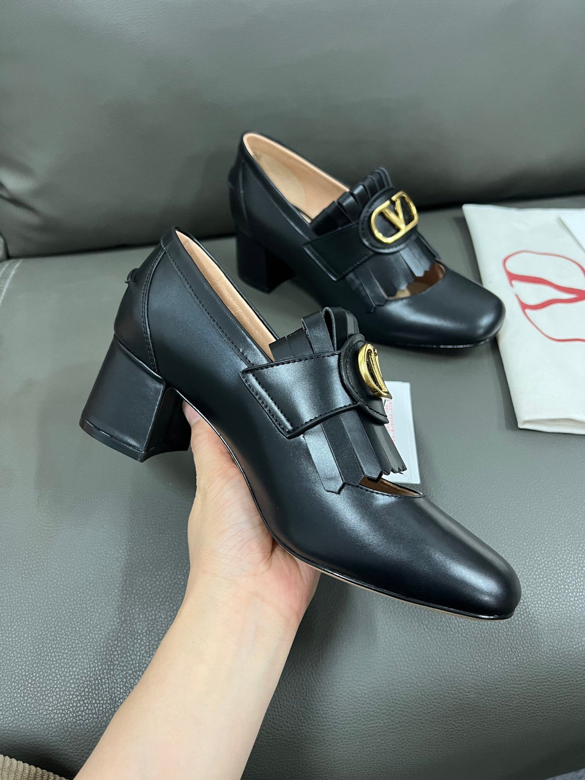 Valentino Women Black Leather Fringe Loafers