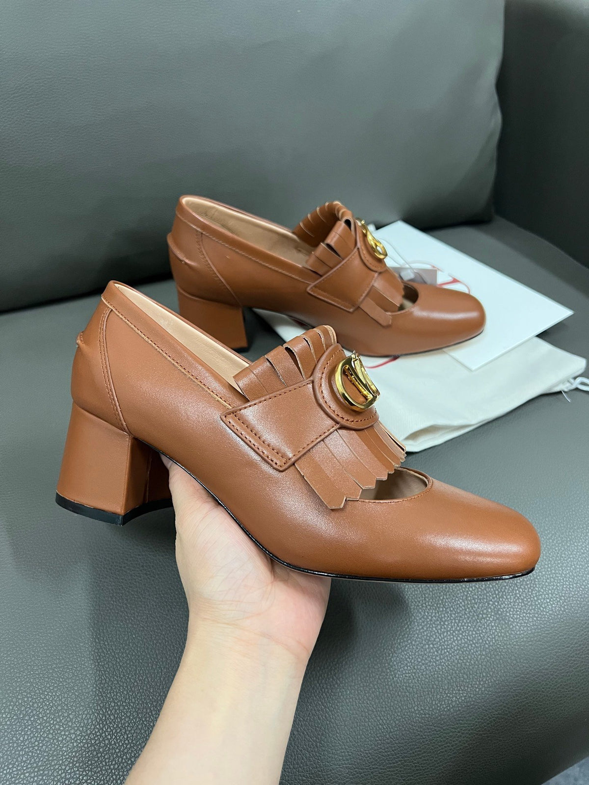 Valentino Women Brown Leather Fringe Loafers