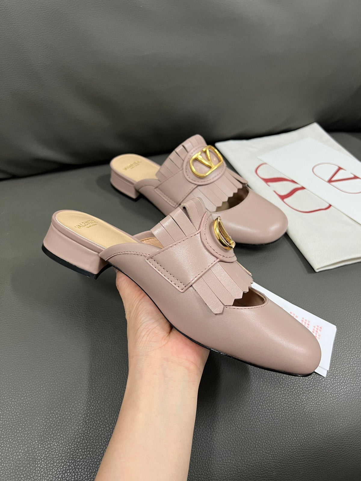 Valentino Women Pink Leather Fringe Mules