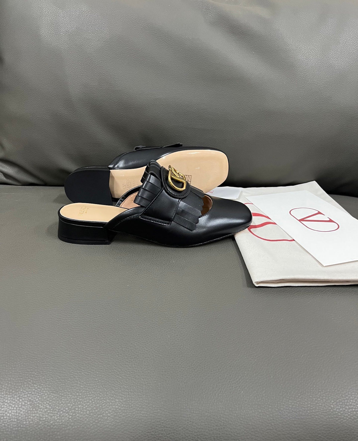 Valentino Women Black Leather Fringe Mules