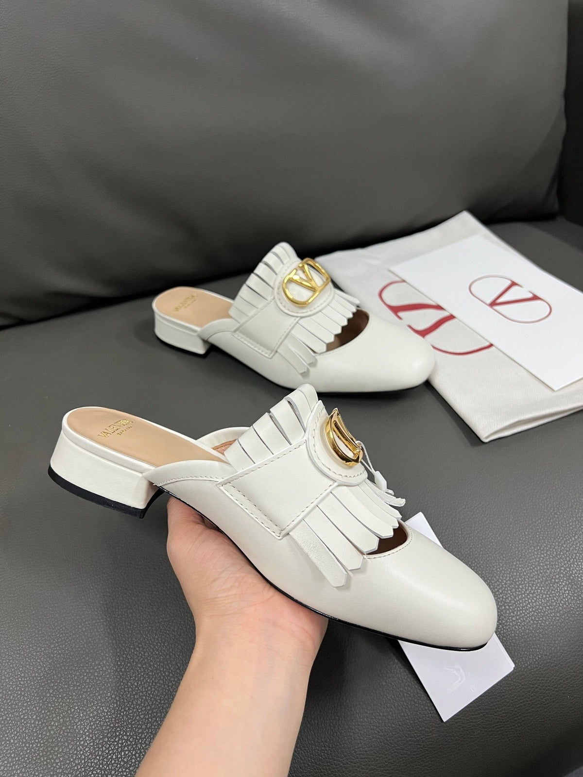 Valentino Women White Leather Fringe Mules