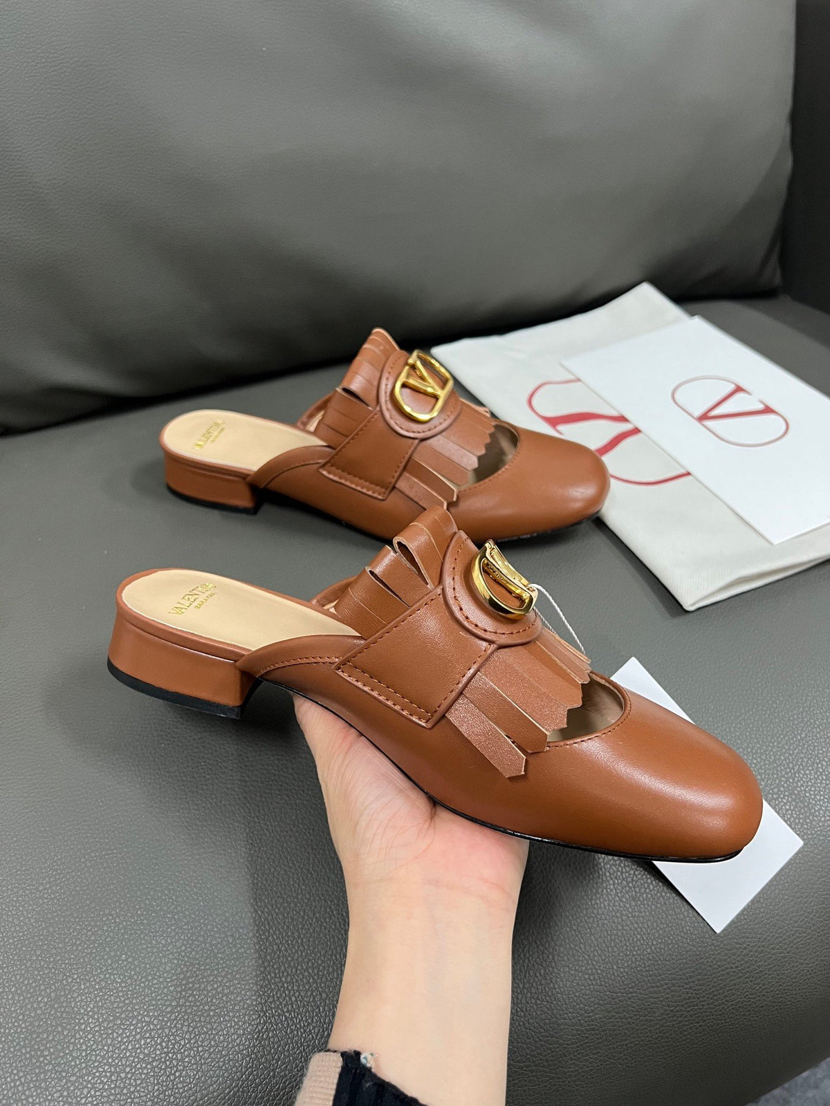 Valentino Women Brown Leather Fringe Mules