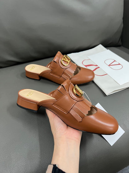 Valentino Women Brown Leather Fringe Mules