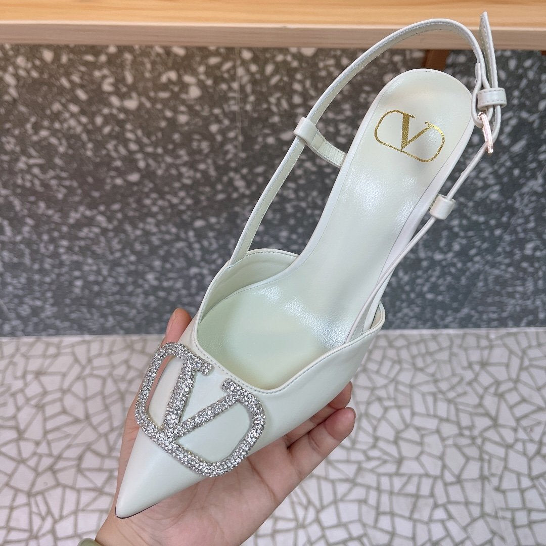 Valentino Women White Leather Pointed Slingback Pumps