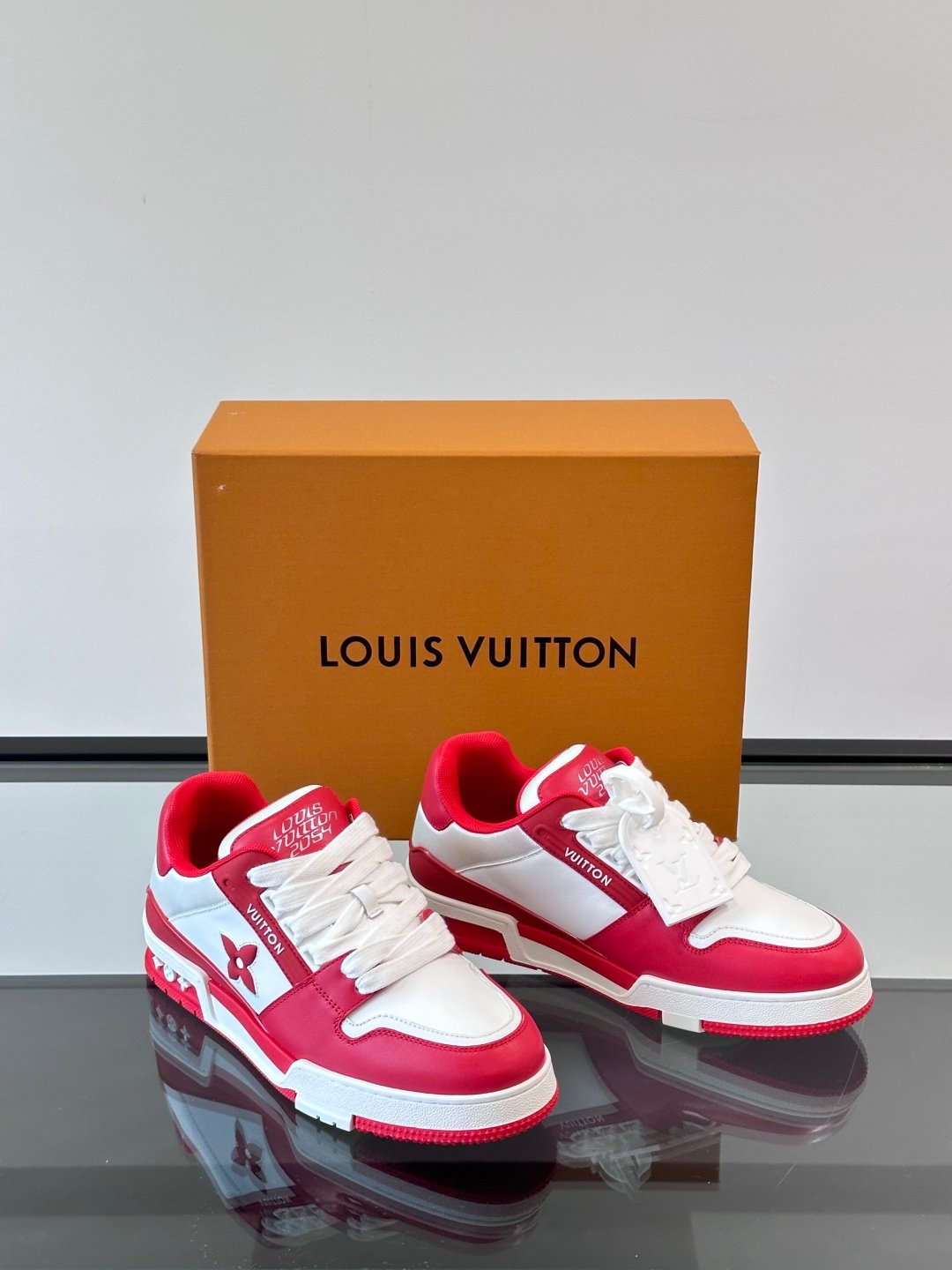 LV Men Red White Leather Sneakers