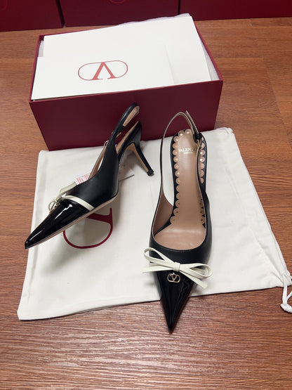 Valentino Women Black Patent Leather Bow Slingback Pumps