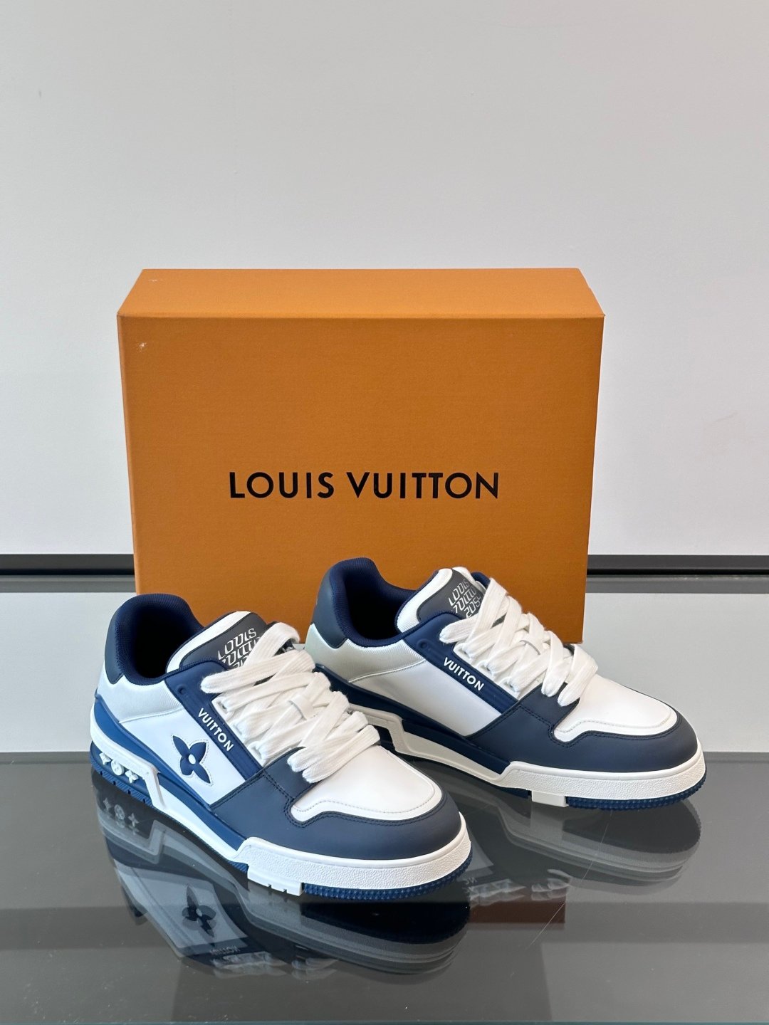 LV Men White And Navy Leather Sneakers