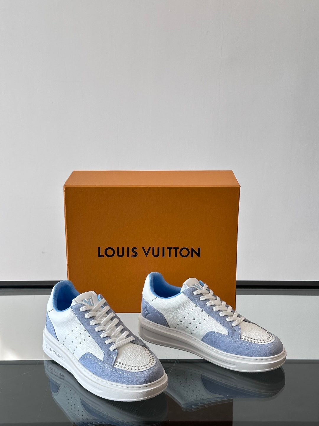 LV Men White Blue Leather Suede Sneakers