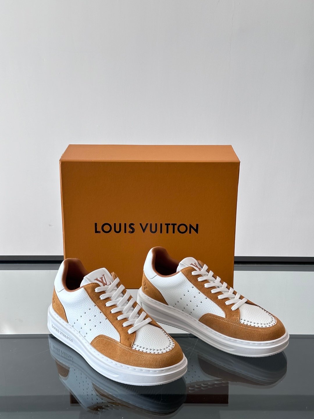 LV Men White Brown Suede Leather Sneakers