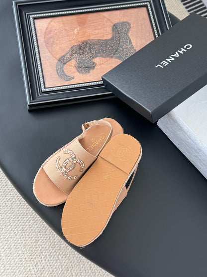 Chanel Women Beige Canvas Crystal Logo Sandals