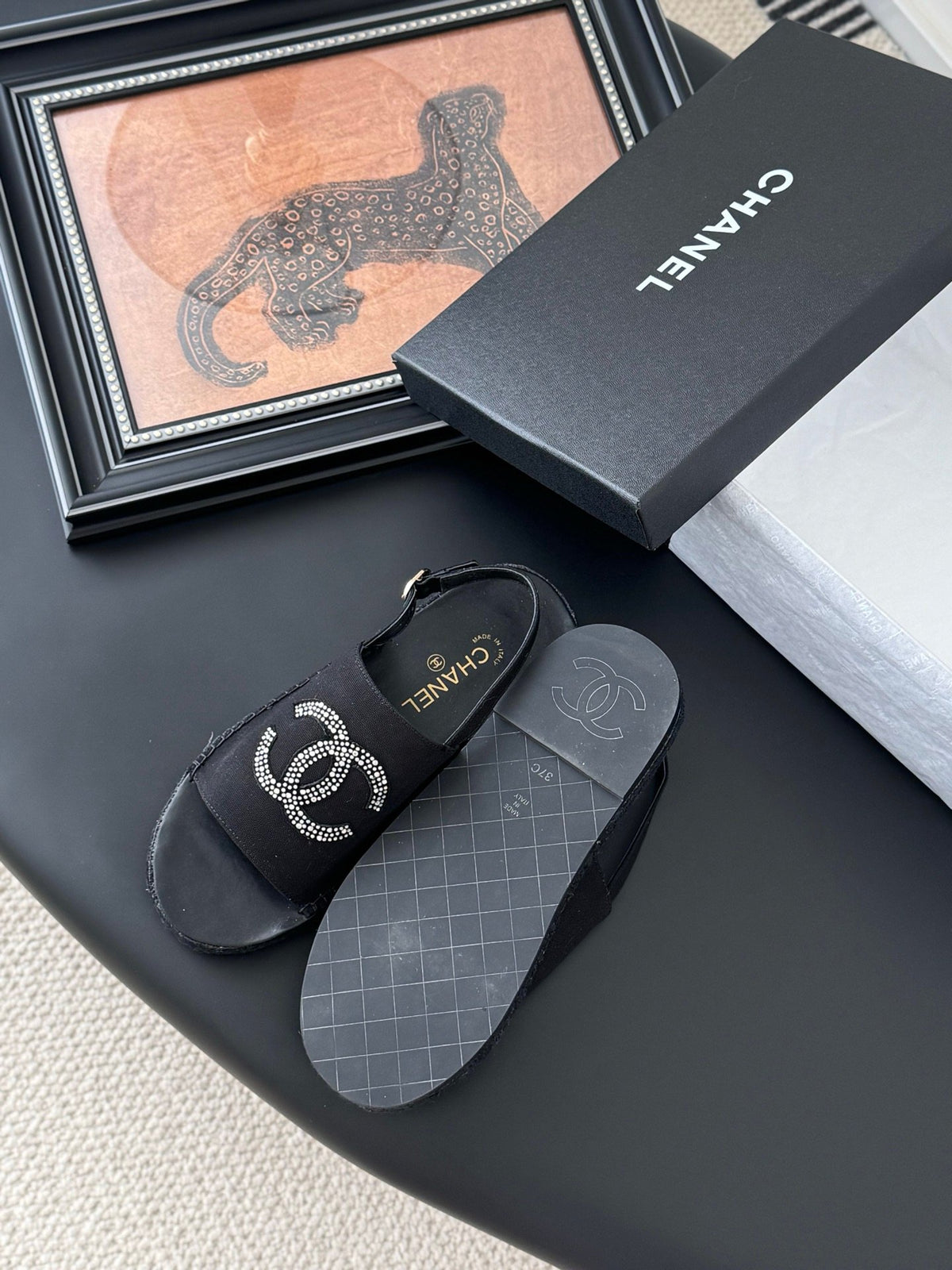 Chanel Women Black Fabric Logo Embellished Sandals