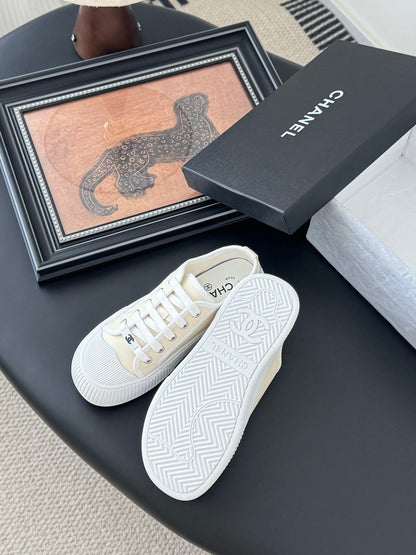 Chanel Women White Canvas Lace-Up Sneakers