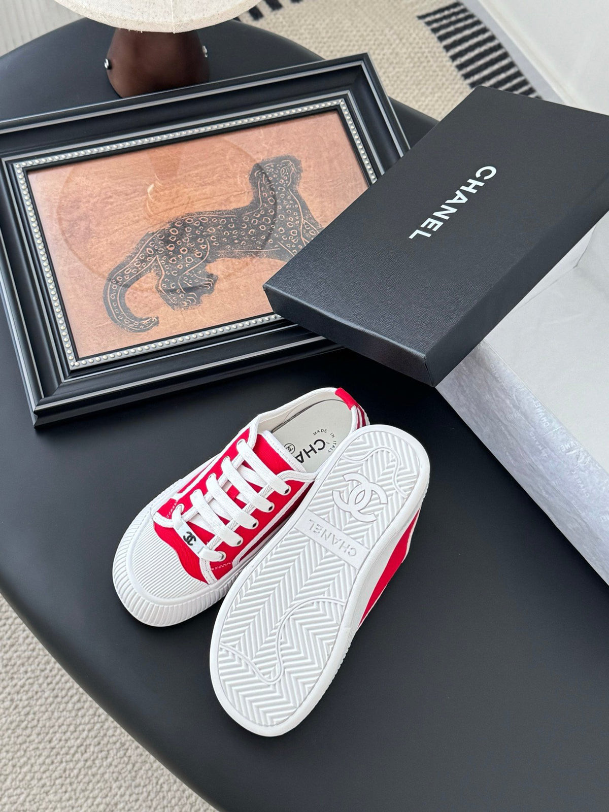 Chanel Women Red Canvas And Rubber Sneakers