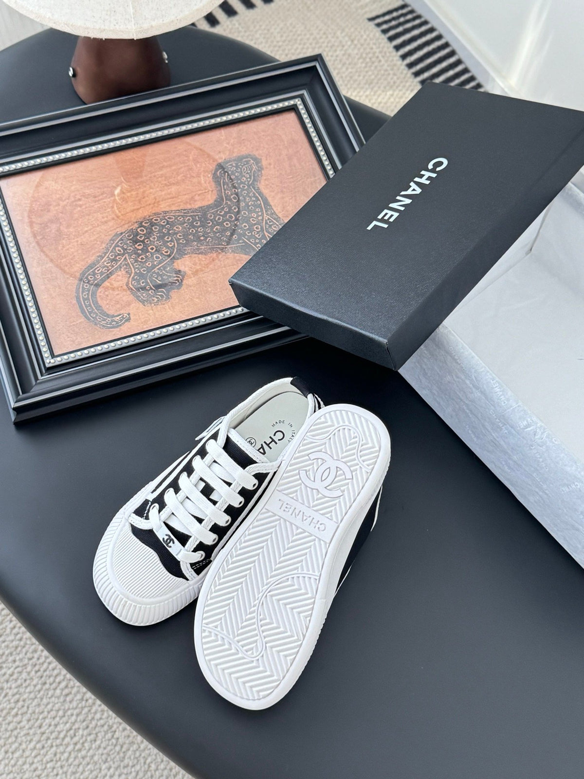 Chanel Women Black Canvas White Trim Sneakers