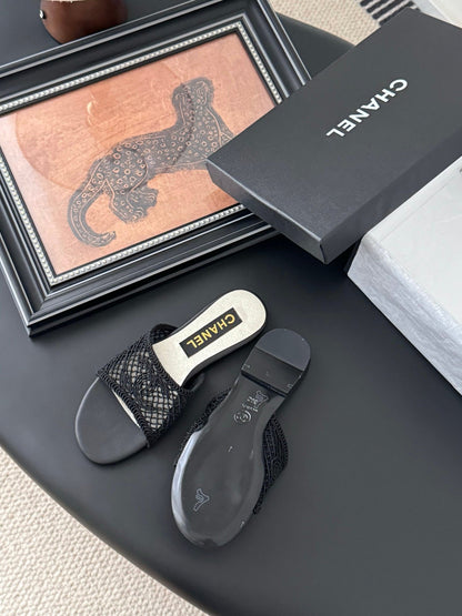 Chanel Women Black Mesh Slide Sandals