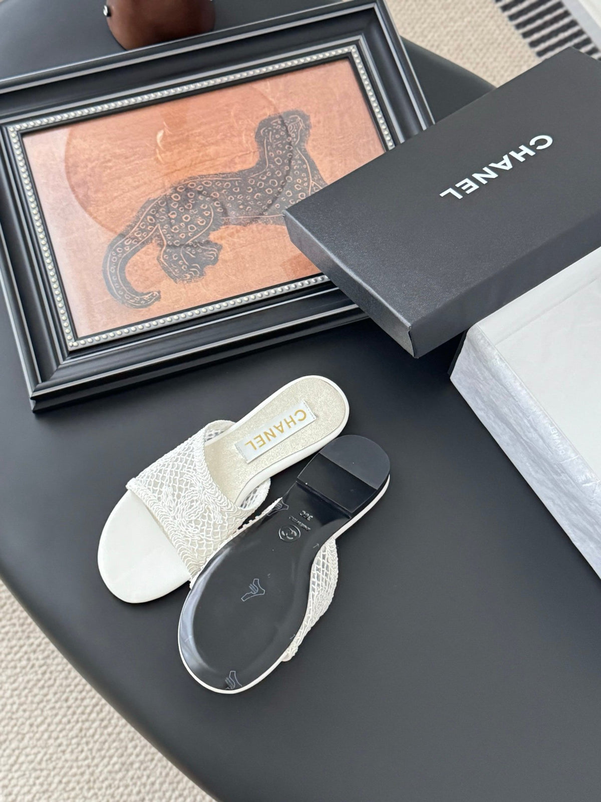 Chanel Women White Lace Mesh Slides