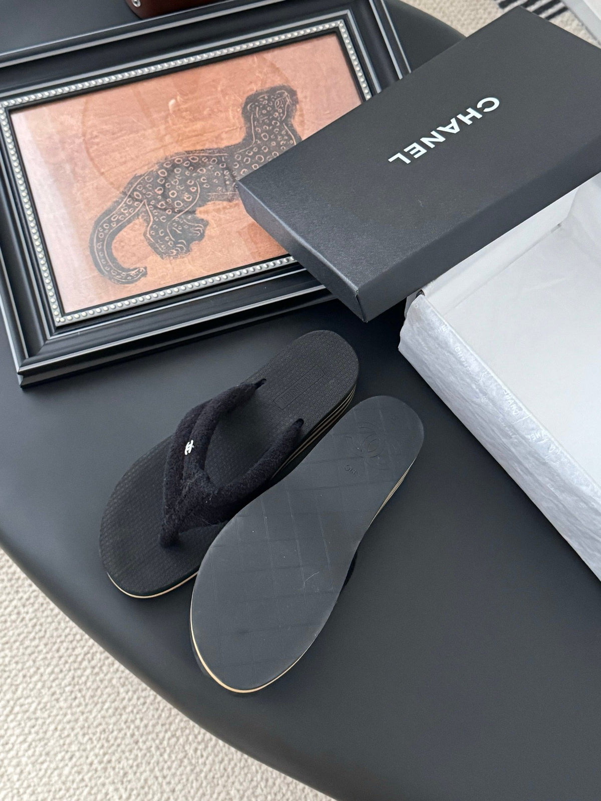 Chanel Women Black Fabric Strap Flip Flop Sandals