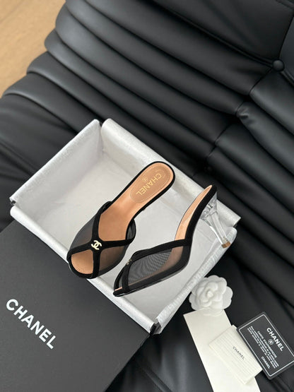 Chanel Women Black Mesh Logo Slide Sandals