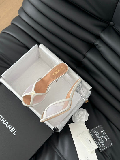 Chanel Women Beige Mesh And Leather Mules