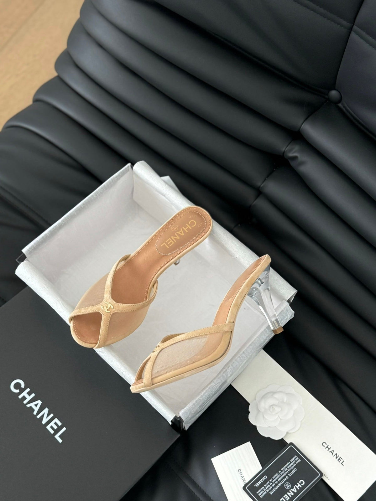 Chanel Women Beige Leather Slides
