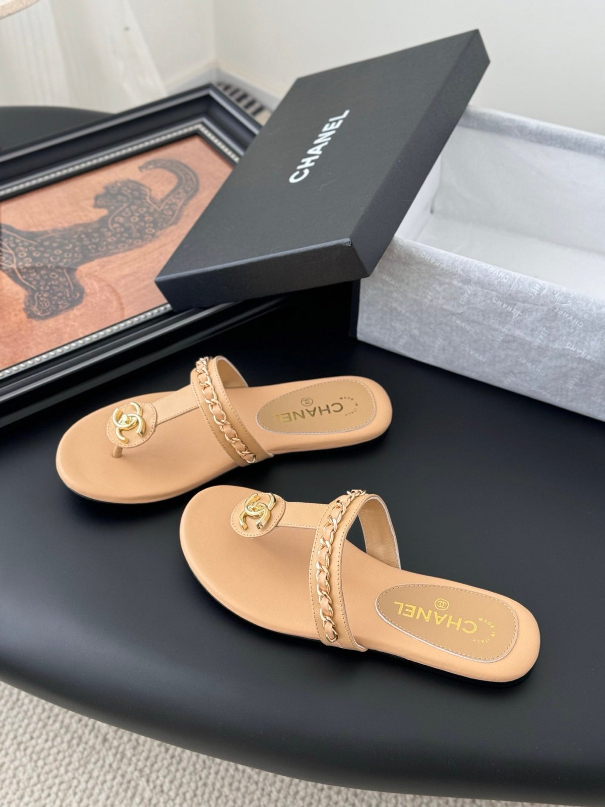 Chanel Women Beige Leather Slides