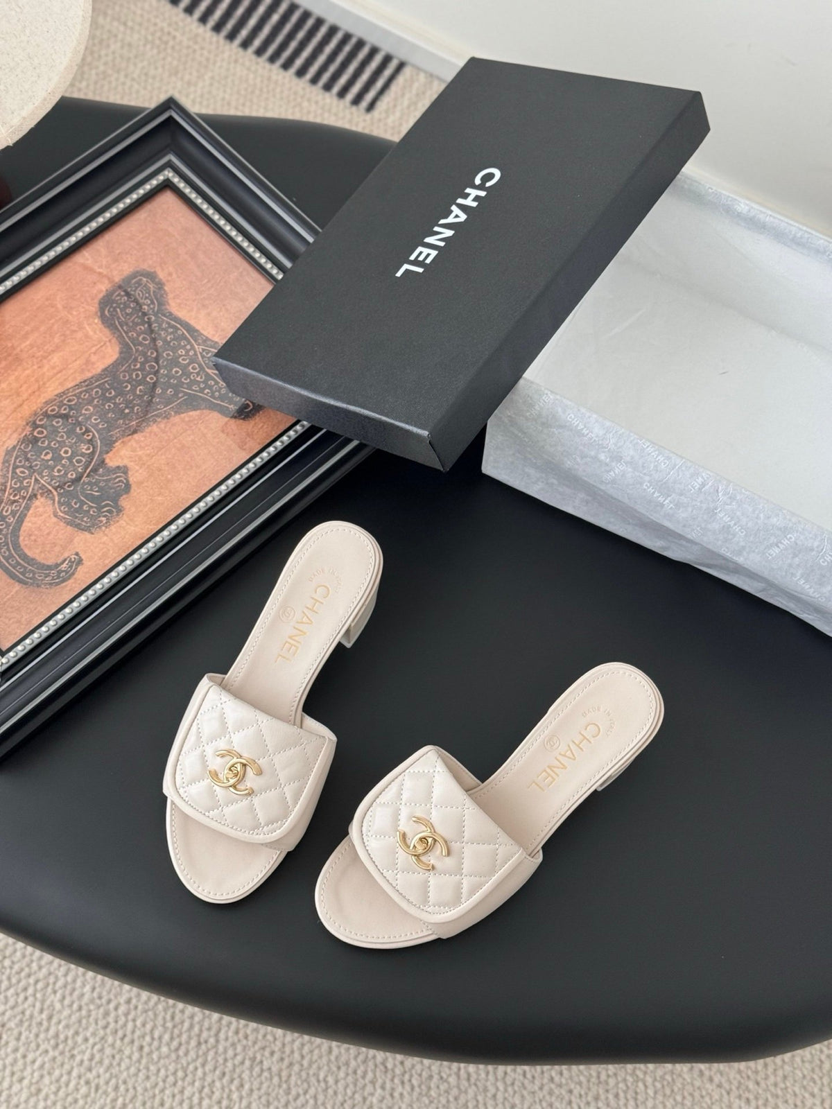 Chanel Women Ivory Quilted Leather Mules