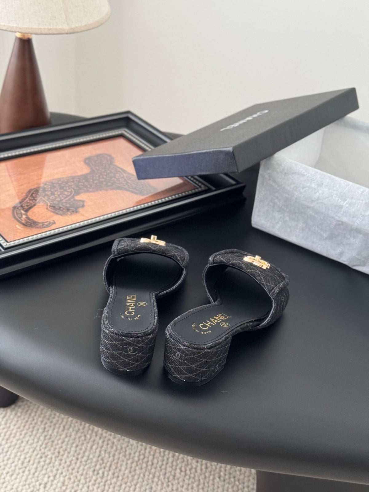Chanel Women Black Quilted Fabric Slides