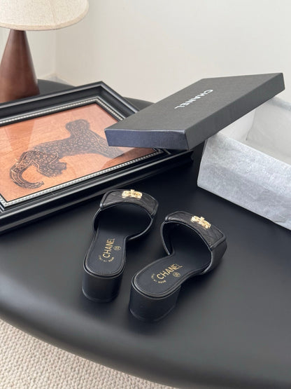 Chanel Women Black Quilted Leather Slides