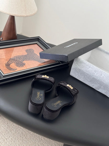 Chanel Women Black Quilted Velvet Slides